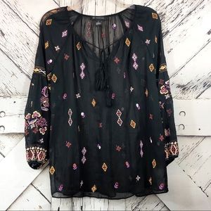 Inc | Sheer long sleeve embroidered boho blouse